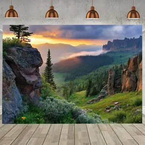 1pc Golden Hour Peaks Photo Studio Backdrop - Extra Large Party Banner with Stunning Mountain Landscape, Durable Polyester Material, Perfect for Weddings, Corporate Events, and Seasonal Decorations