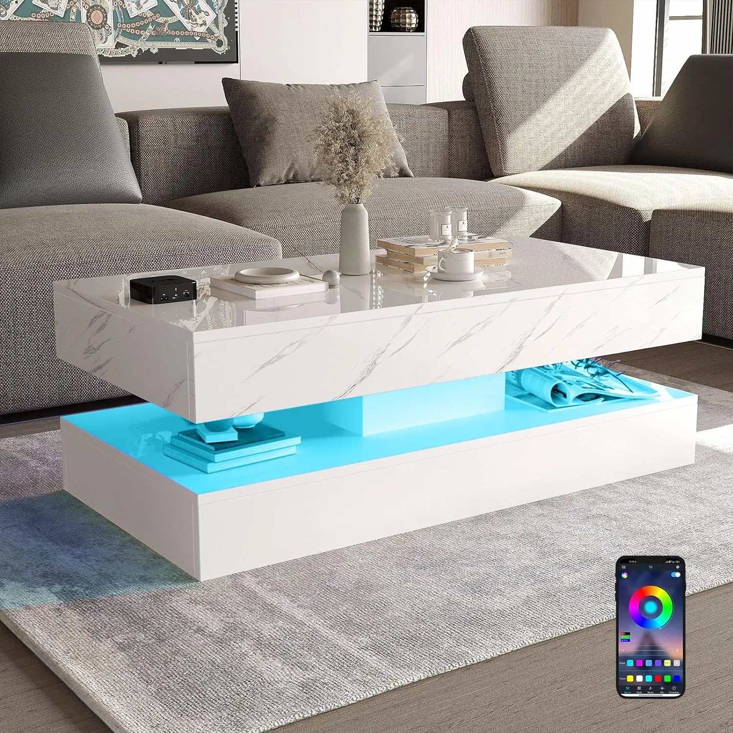LED Coffee Table with 2 Storage Drawers, Modern High Gloss White Coffee Table  LED Lights, 2 Tiers Rectangle Center Table for Living Room with Marbling Print,dorm essentials,home decor