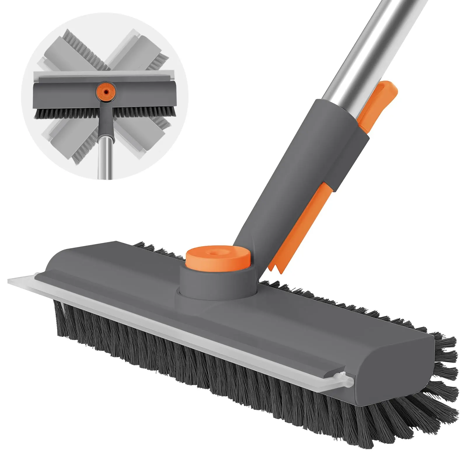 Multifunctional 3-in-1 Floor Brush - Long Reach Handle, Double-Sided Heavy-Duty Stiff Bristles, Squeegee, Housekeeping Cleaning Supplies for Bathroom, Patio Pool Maintenance