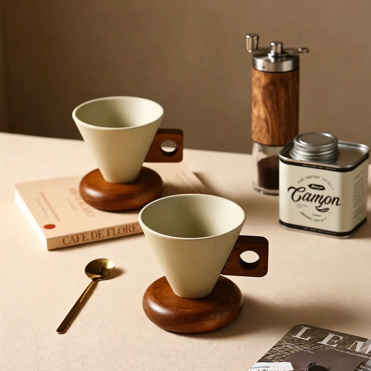 250ml Conical Ceramic Coffee Cup with Wooden Base and Handle - Aesthetic Minimalist Kitchenware for Coffee Bar, Home & Office Use - Ideal for Drinkware Enthusiasts,dorm essentials,home decor,home essentials,camping essentials