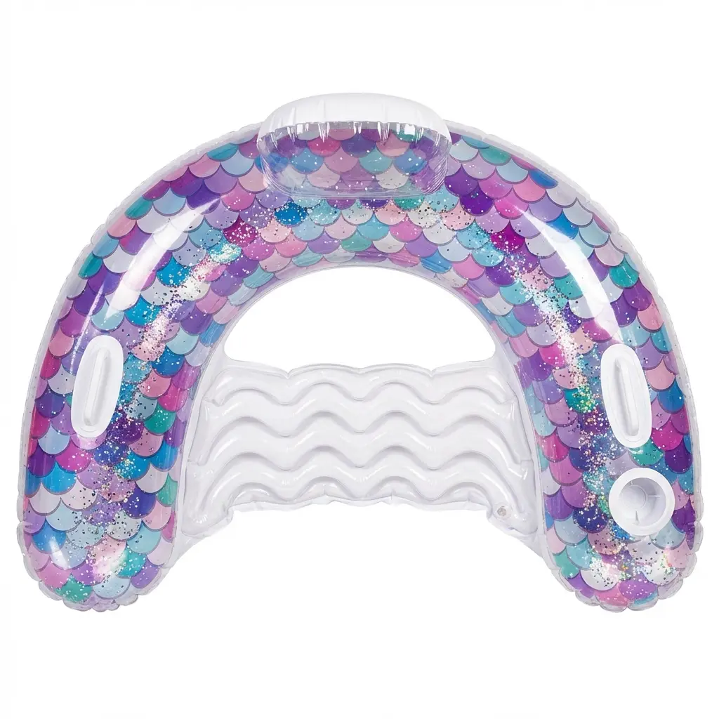 Adult Size 4-in-1 Inflatable Pool Float Hammock, Multi-Purpose Floating Chair Lounger with Cup Holder, Built-In Handle, Translucent PVC & Mermaid Scales, Vibrant Colors for Summer Pool Parties, Festive Gift