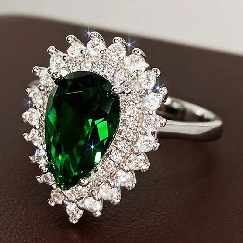 Pear-Shaped Green Cubic Zirconia Ring for Women, Elegant Vintage-Style Brass Cocktail Jewelry for Party, Everyday Wear, Birthday Gift, Female, Adults, Daily, Evening, Fashion, Gorgeous Gift For Her, 4.2 G, Us:6, Brass Base, #6-10 Sizes, Excellent Craft