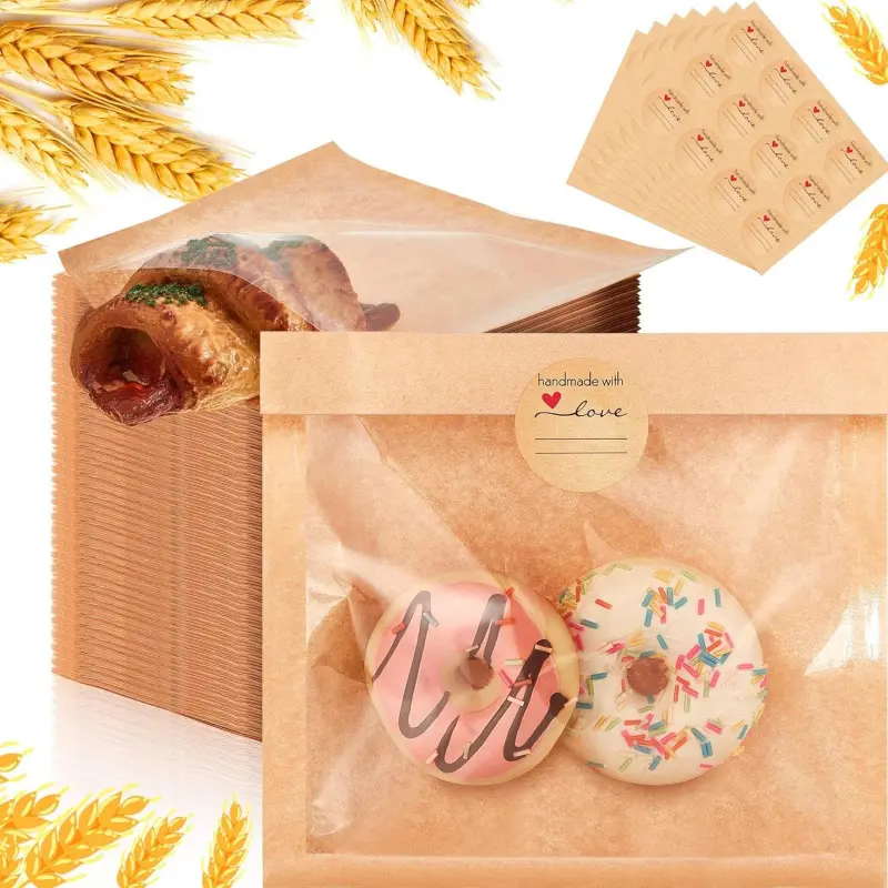 100 Pcs Cookie Packaging Bags with Seal, 7.1 x 7.5 Inch Bakery Pastry Bags with Window, Heat Sealable Grease Resistant Paper to Go Bake Sleeves for Gift Giving Donut Bread Sandwich (Brown)-L