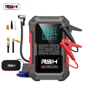 【Father's Day Gift】15000mAh Ultra-Safe Jump Starter – Starts all 12V battery vehicles. Features 150 PSI air compressor, 18W fast charging, tire pressure check, and LED light. Includes jumper cables, air hose, storage bag, and 4-in-1 charging cable