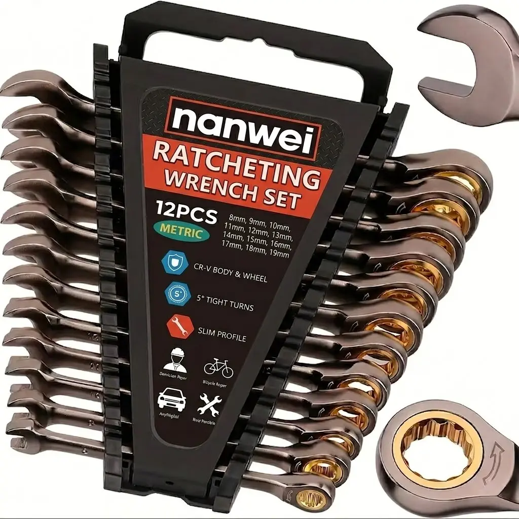 12PCS Metric Ratcheting Combination Wrench Set, 8mm-19mm Cr-V Steel Slim Open Box End Spanner Kit with Portable Storage Organizer for Auto Bike DIY Repair durable hand tool