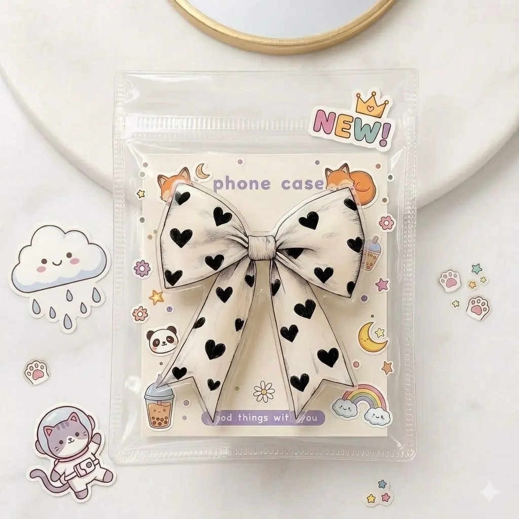 Coquette Bow Phone Grip Holder, Black Heart Ribbon Phone Stand, Cute Aesthetic Phone Accessory for Women Girls