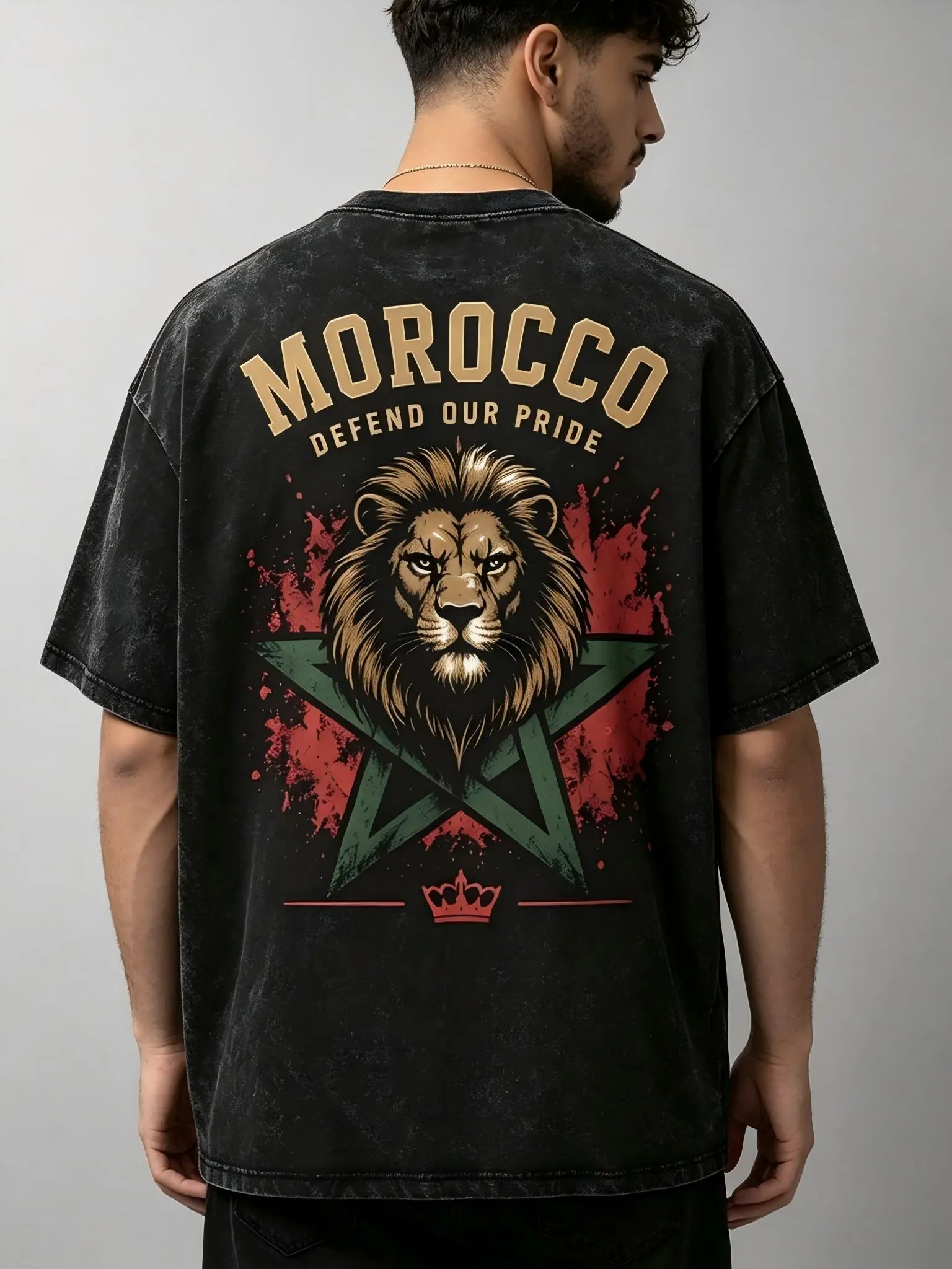 Mens Morocco Lion Soccer Tournament T Shirt | 180g Regular Slim Fit & 230g Heavyweight Wash Cotton Graphic Tees | Cool Man Birthday Gift Vintage Boxy Retro Charcoal Streetwear Tops Male Clothes Football Fan Casual Aesthetic