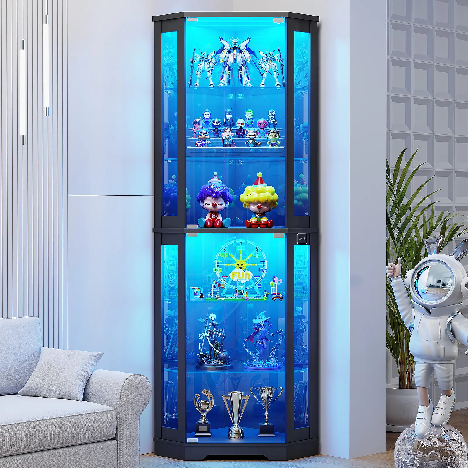 BROTTAR 71" Corner Display Cabinet with Glass Doors, 6-Tier Illuminated Lighted Glass Curio Cabinet with 3 LED Lights, Human Body Sensor, Showcase for Collectibles (Black/White), Illuminated Glass Cabinets, Lighted Glass Cabinets