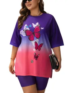 Women's Plus Size 2 Piece Short Sets Short Sleeve Tunic Top and Tight Cycling Shorts Pants Set