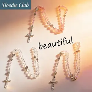 Colorful Crystal Beads Rosary Necklace with Cross Pendant Religious Faith Jewelry for Men and Women Long Chain Catholic Prayer Necklace Elegant Spiritual Gift for Christmas Birthday Daily Wear