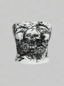 Women's Skull & Floral Print Crop Tube Top, Punk Fashion Casual Strapless Top for Daily Holiday Vacation Outdoor Wear, Ladies Clothes for All Seasons, Womenswear, Halloween