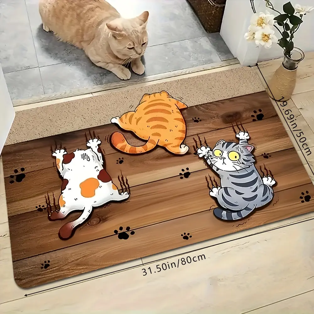 Three Cartoon Kittens Pattern Spring And Summer Decorative Door Carpet Non-Slip Holiday General Decorative Floor Mat Bedroom Living Room Bathroom Home Decorative Carpet Floor Mat Washable Home Decorative Carpet