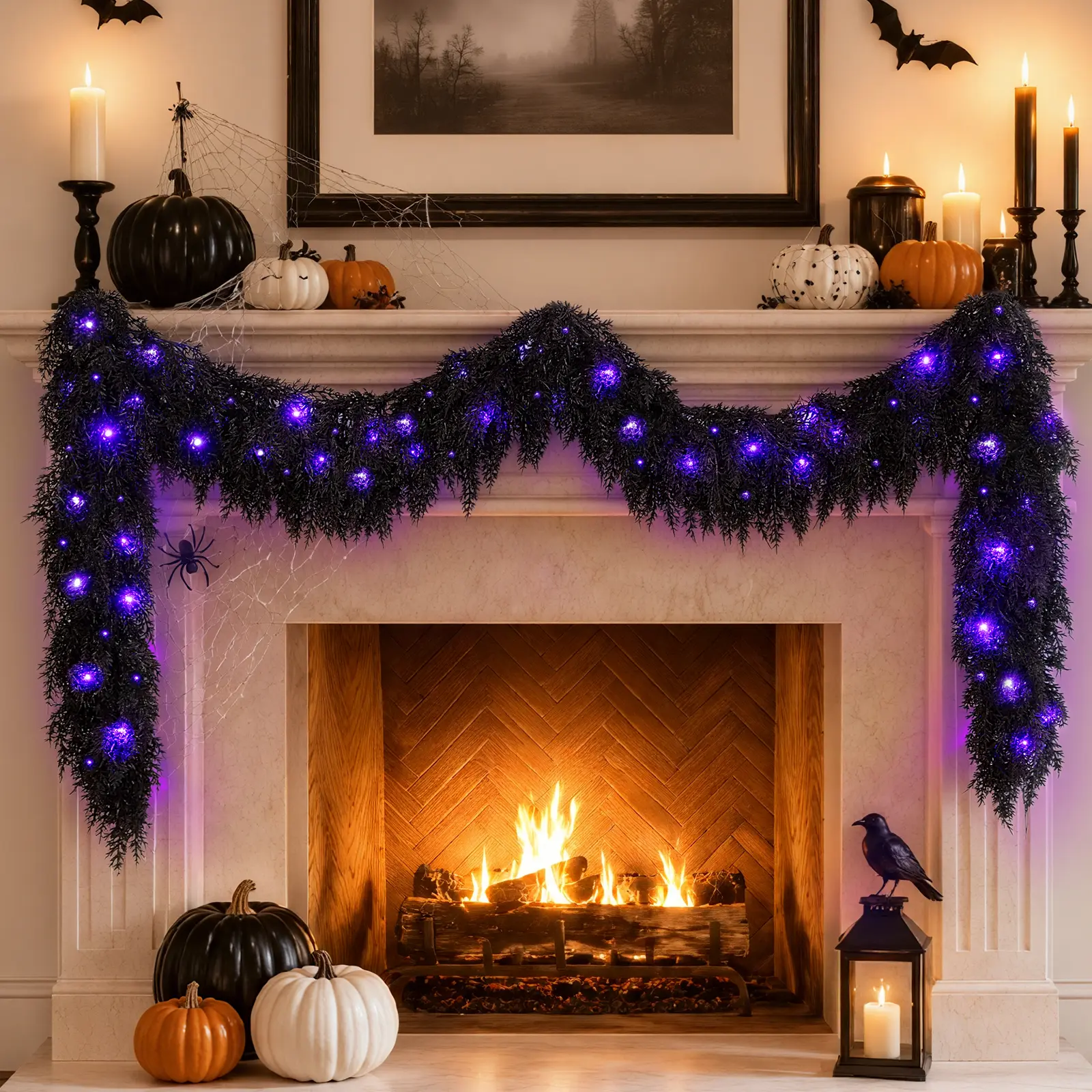HIAGROW 9FT Black Cedar Garland with Blue LED Lights – Halloween Gothic Garland Decor for Fireplace Mantel, Staircase, Porch & Spooky Home Decorations