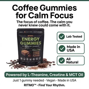 RITMO Cuban Coffee Energy Gummies. 30mg Caffeine + L-Theanine + Creatine | 1 Gummy = 1 Shot Espresso | Works Empty Stomach | No Crash No Jitters | Vegan Pectin-Based | 15 Gummies
