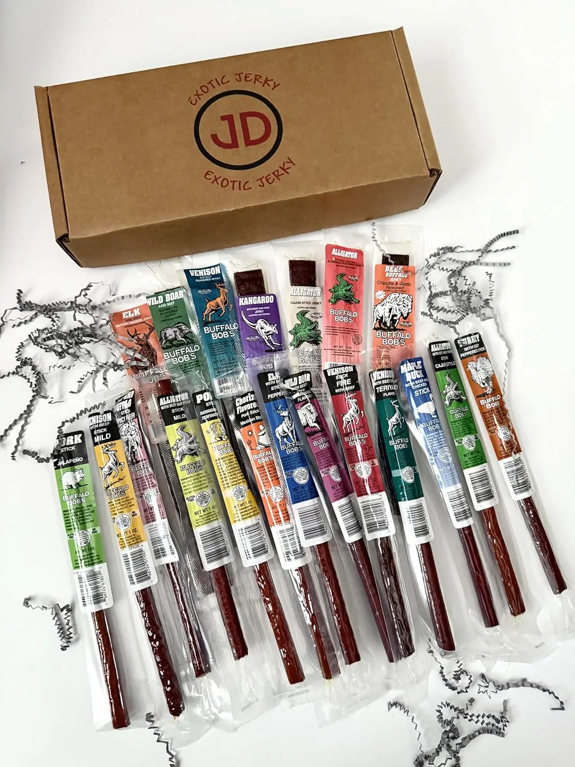 Buffalo Bob's Exotic Jerky Gift Box - Staff Favorite 20 Piece Assortment: Alligator, Buffalo, Venison, Beef, Ostrich, Duck, Elk - BBQ, Cajun, Peppered, Teriyaki