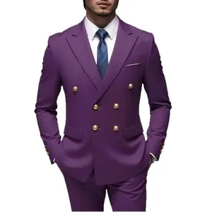 Fashion Demin Men's Suits Luxury Double Breasted Peak Lapel Slim Fit 2 Piece Jacket Pants Sets Elegant Male Clothing Outfits