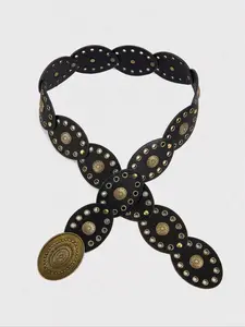 Y2K Boho Vintage PU Belt, Sparkling Western Belt with Metal Buckle, Rivet Decorated Belt, Oval Rivet Decor, Western Cowboy Style, Perfect for Dresses and Jeans, All Seasons