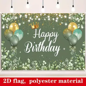 1pc Polyester 2D Flat Sage Green Eucalyptus & Golden Sequin Party Banner - Happy Birthday Backdrop, No-Power Festive & Home Supplies Party Decoration Supplies