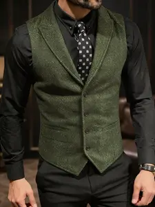 Men's Vintage Herringbone Shawl Collar Wool-Blend Tweed Vest: Elevate Retro Formal Styles for Events & Daily Chic Looks