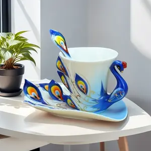 220ML Peacock Theme Ceramic Mug Set with Spoon, Coffee Cup Saucer, Creative Gift for Valentine's Day, Halloween, Christmas, Artistic China Tea Cup Dishware