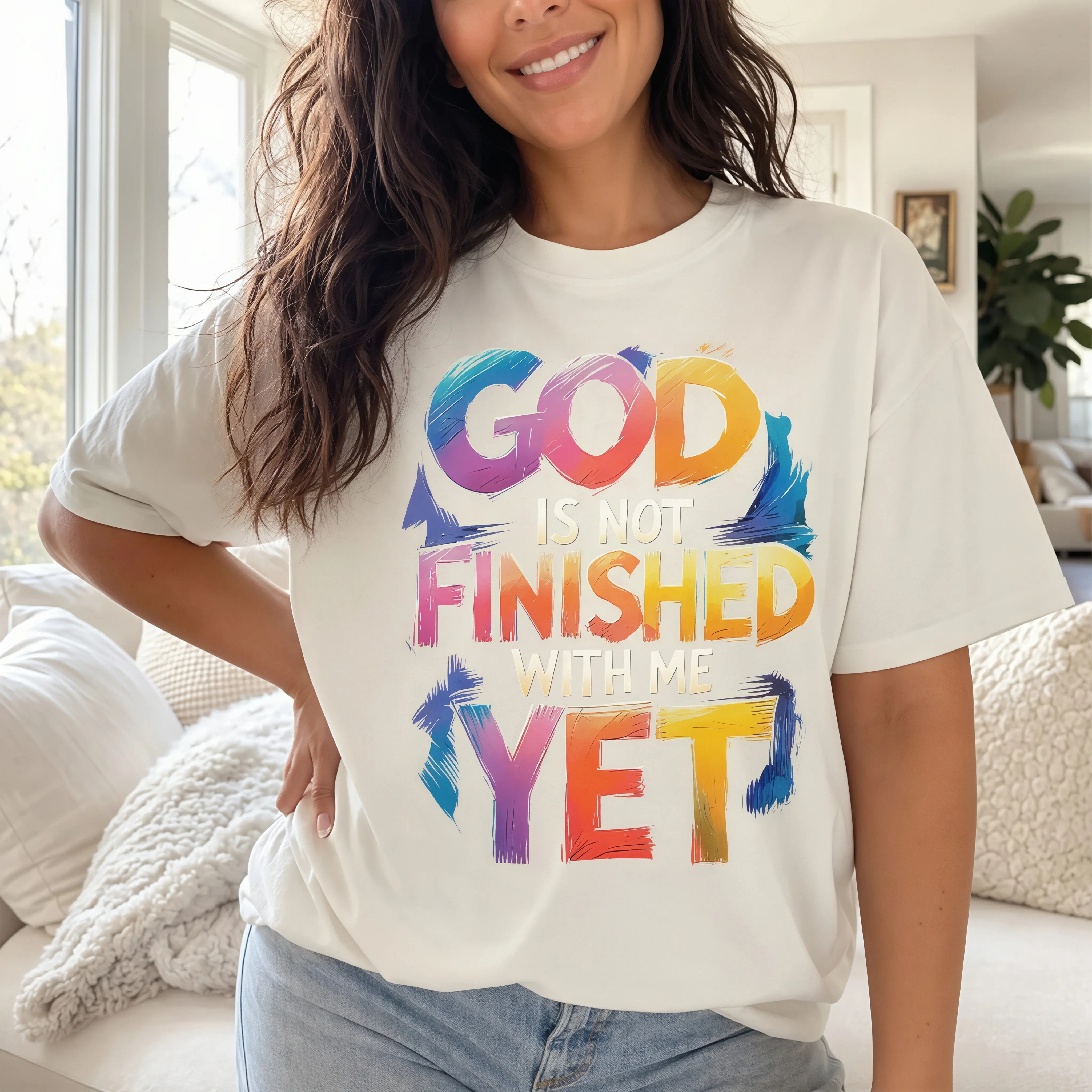 Christian Graphic Tee Women Plus Size God Is Not Finished With Me Yet Faith Shirt