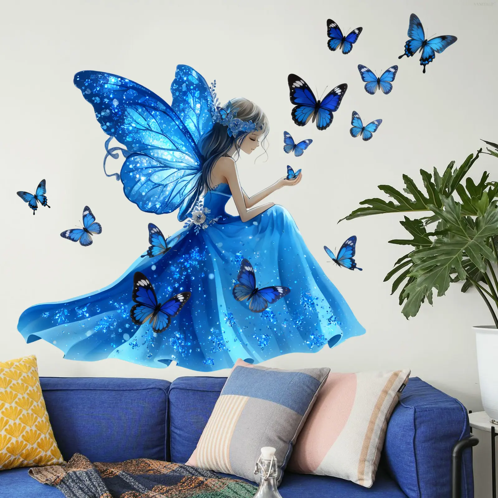 A set of two (30*90cm*2pcs) blue butterfly-themed girl's back wall stickers, Decorative Stickers, for living room, entrance, and corridor home decoration and beautification. Self-adhesive. M11086-ZY