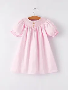 White Bow Smock Embroidered Pink Dress