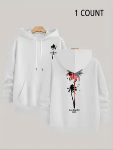 Men's Palm Tree Pattern Printed Fleece Hoodie, Beachy Hoodie, Casual Unisex Pullover Sweatshirt for Spring & Fall, Fitted Warmth with Stylish Design