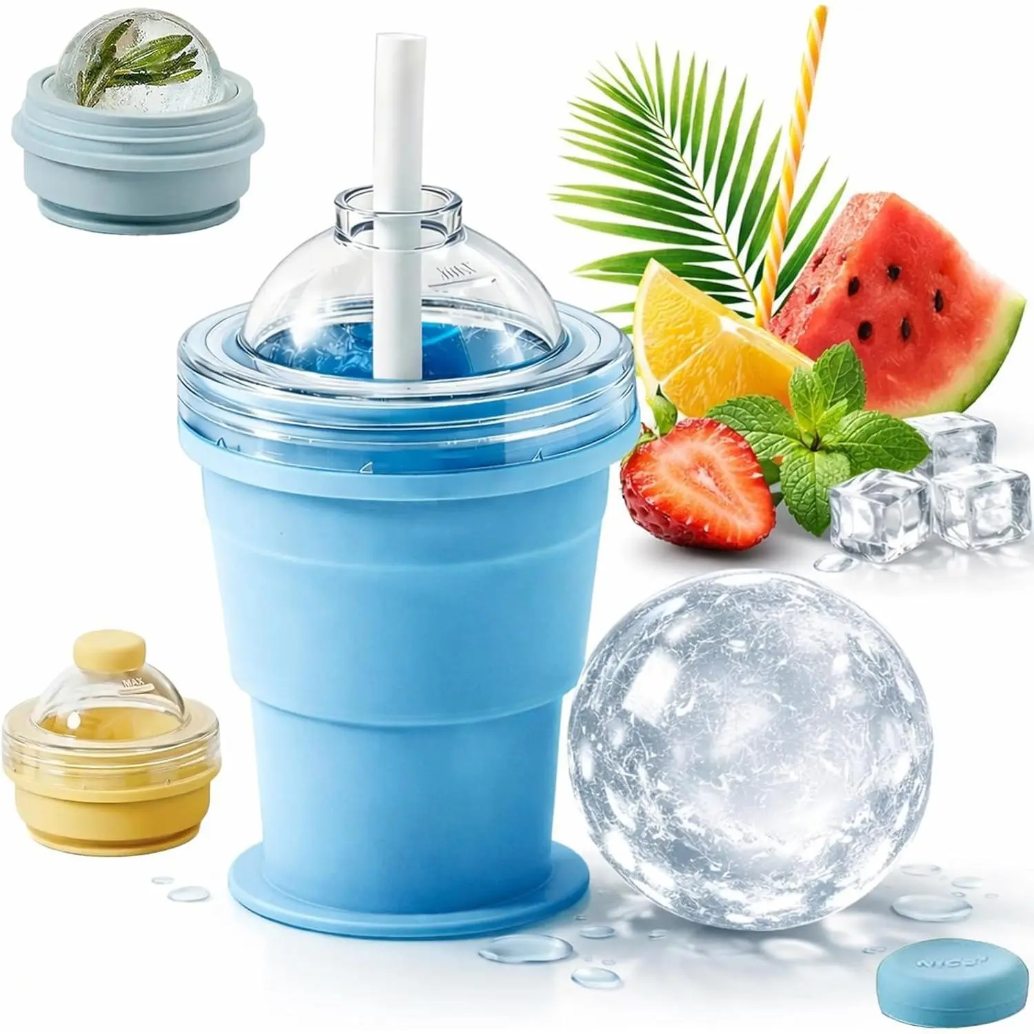 Collapsible Portable Folding Ice Ball Mold Cup with Straw, Large Ice Ball Maker Creative Silicone Food Grade Silicone Tumbler BPA Free,Handy Cup for Summer Outings