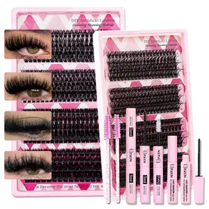 Lash Cluster Set 60D & 80D & 100D & 120D Long Curly Lashes DIY Extension for Beginners, Multiple Lengths, Includes Bond &Seal &Remove &Eyelash Tweezers &Brush, Eyelash Extension Glue, Longer Looking Eyelashes