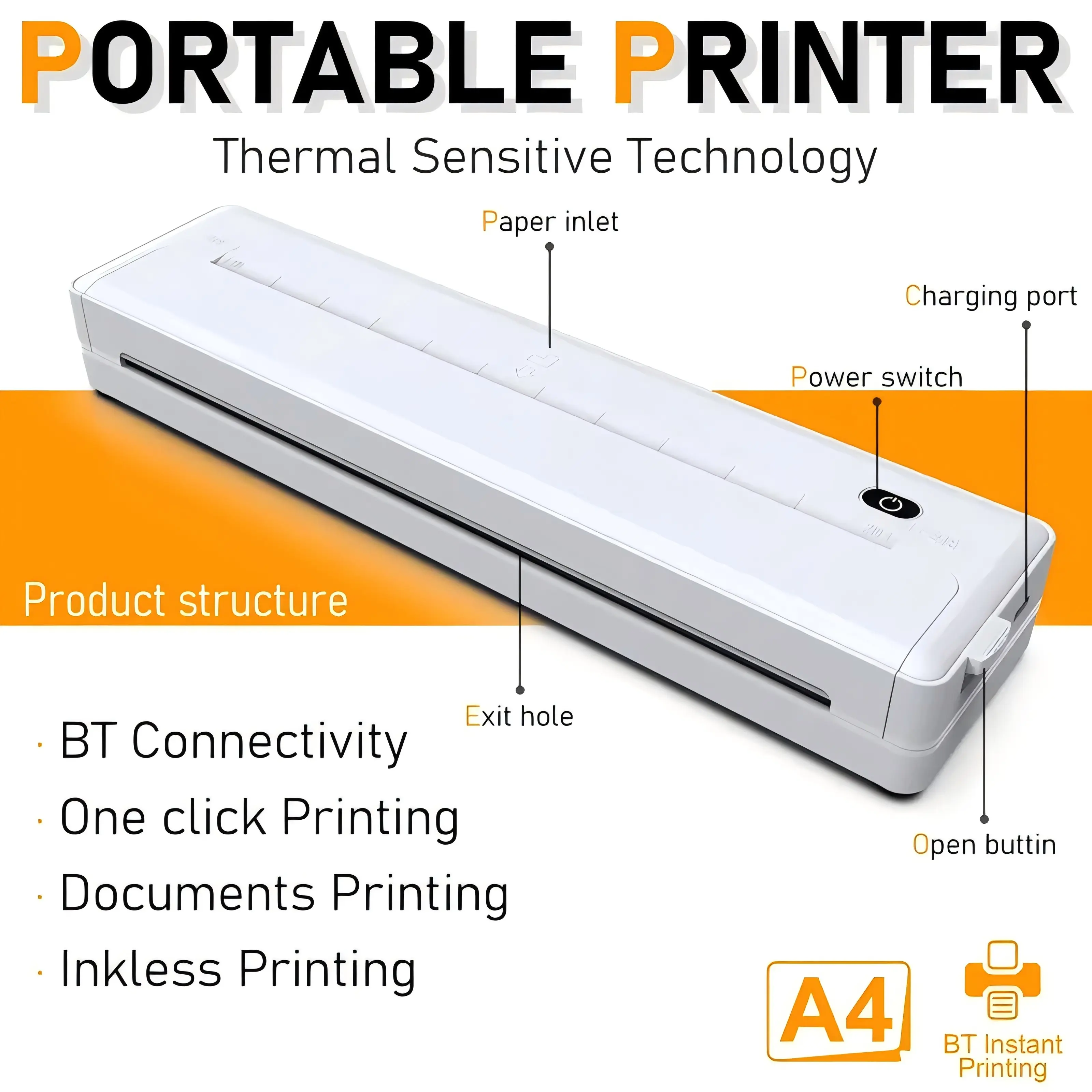 Portable A4 Thermal Printer - Wireless Bluetooth Inkless Rechargeable Device for Home Office, Supports Mobile PDF Printing for Homework Contracts Notes, Compatible with Phones/Laptop & A4 Paper