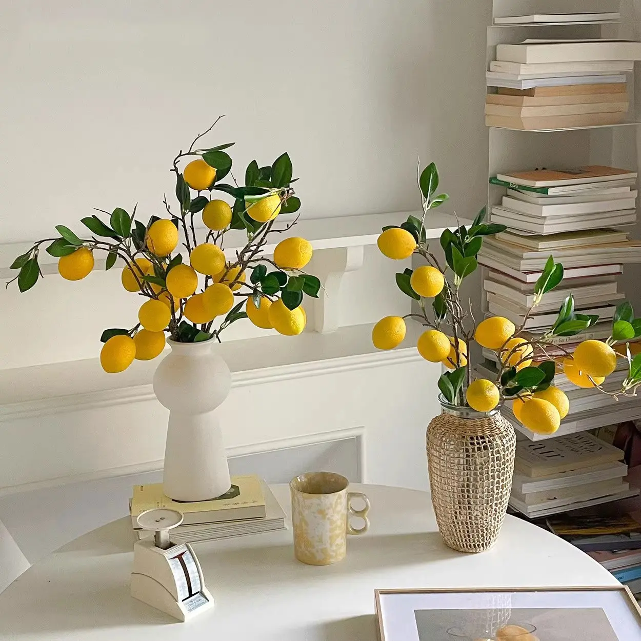 Artificial Lemon Branches, Realistic Faux Lemon Stems for Farmhouse Kitchen Decor, Spring Home Decoration, Vase Centerpiece & Living Room Greenery