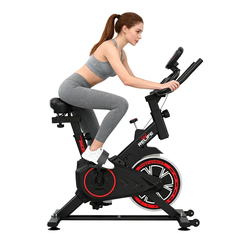 RELIFE Stationary Exercise Bike - Alloy Steel Unisex Compact Device Exercise Equipment with Triangular Frame, LCD Display, Adjustable Design, Customizable Seat, Belt for Home Cardio Gym Workouts
