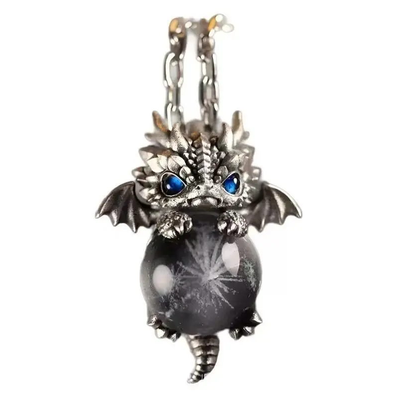 Crystal Necklace: Retro 3D Dragon Animal Pendant with Blue Eye & Black Crystal, Unisex Whimsical Jewelry Gift, Accessory Necklace, Beaded Pendant, Pendant Chain