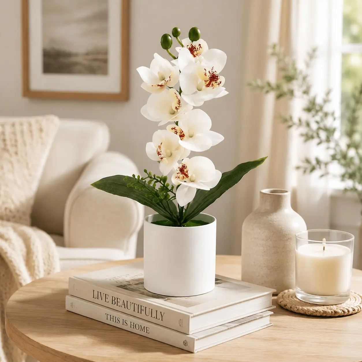 2-Piece Set of Realistic Phalaenopsis Orchid Potted Plants — Home Decor Ornaments, Indoor Olive Tree-Style Red Poinsettia Plants (Suitable for Living Rooms and Desks), Preserved Flower Angel Ornaments, Decorative, Home Decor Items