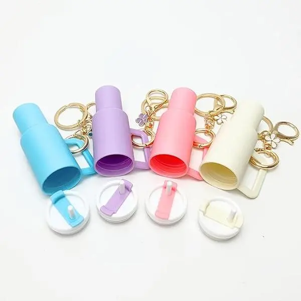 Tumbler Keychain Lip Balm Holder, Cute Minimalist PLA Plastic Mini Cup with Flower Charm, Kawaii Accessory for Women's Backpacks & Purses, Trendy, Kawaii Accessories, Trending
