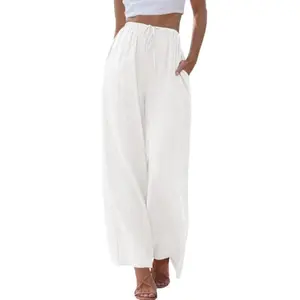 Women’s Linen Summer Palazzo Pants – Flowy Wide-Leg Beach Pants with Pockets