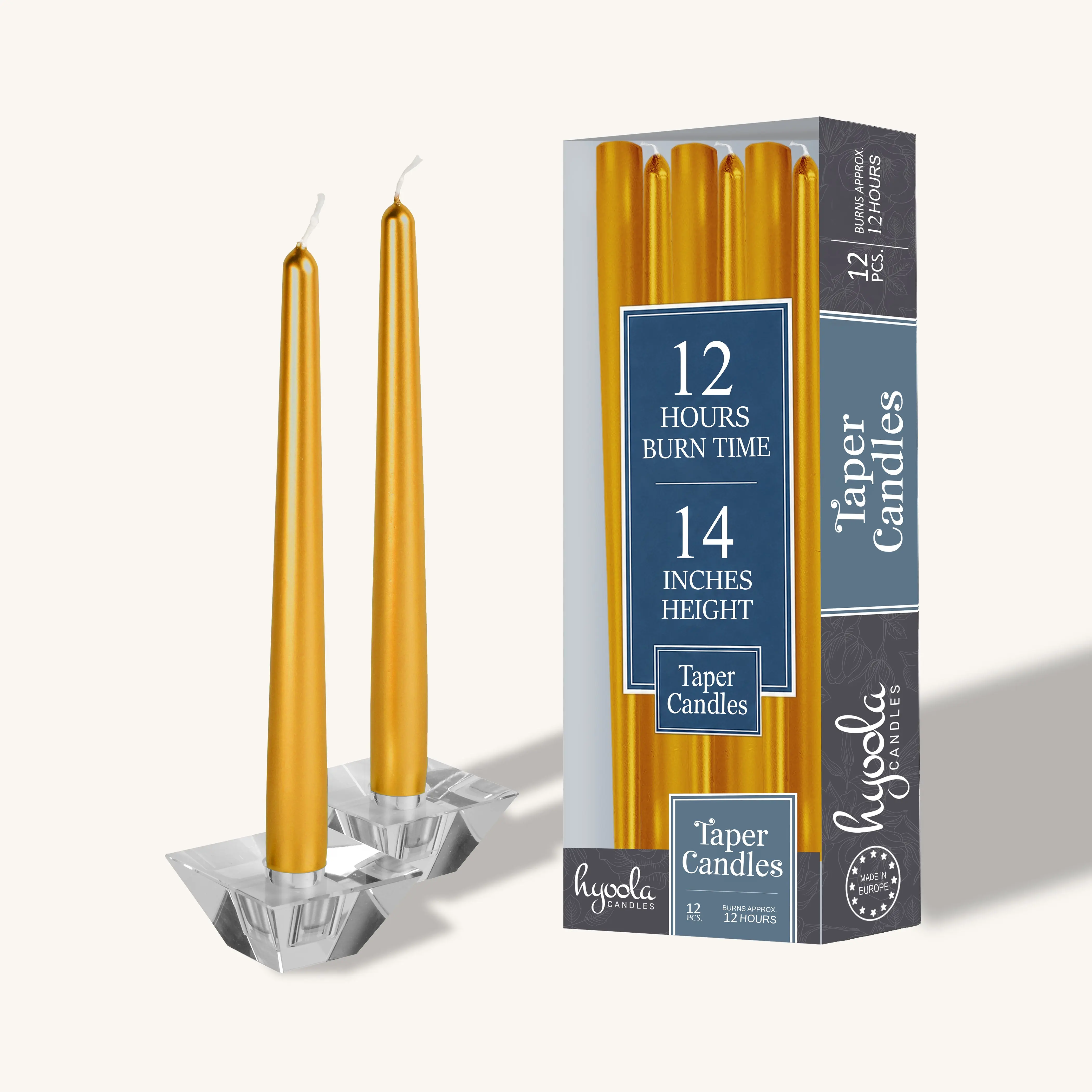 Metallic Gold Taper Candles - 14-Inch, 12-Pack, Paraffin Wax, Unscented, Dripless, Smokeless, Ideal for Ambiance Light & Intimate Evenings, Adds Refined Look to Home Decor