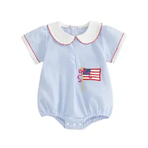 Infant Baby Girl 4th of July Romper American Flag Embroidery Short Sleeve Patriotic Striped Jumpsuits 0-18 Months
