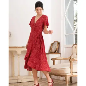 Rihoas Women's High-Waisted Polka Dot Ruffle Wrap Dress - Short-Sleeve Polyester Fabric, Casual Wear for Women
