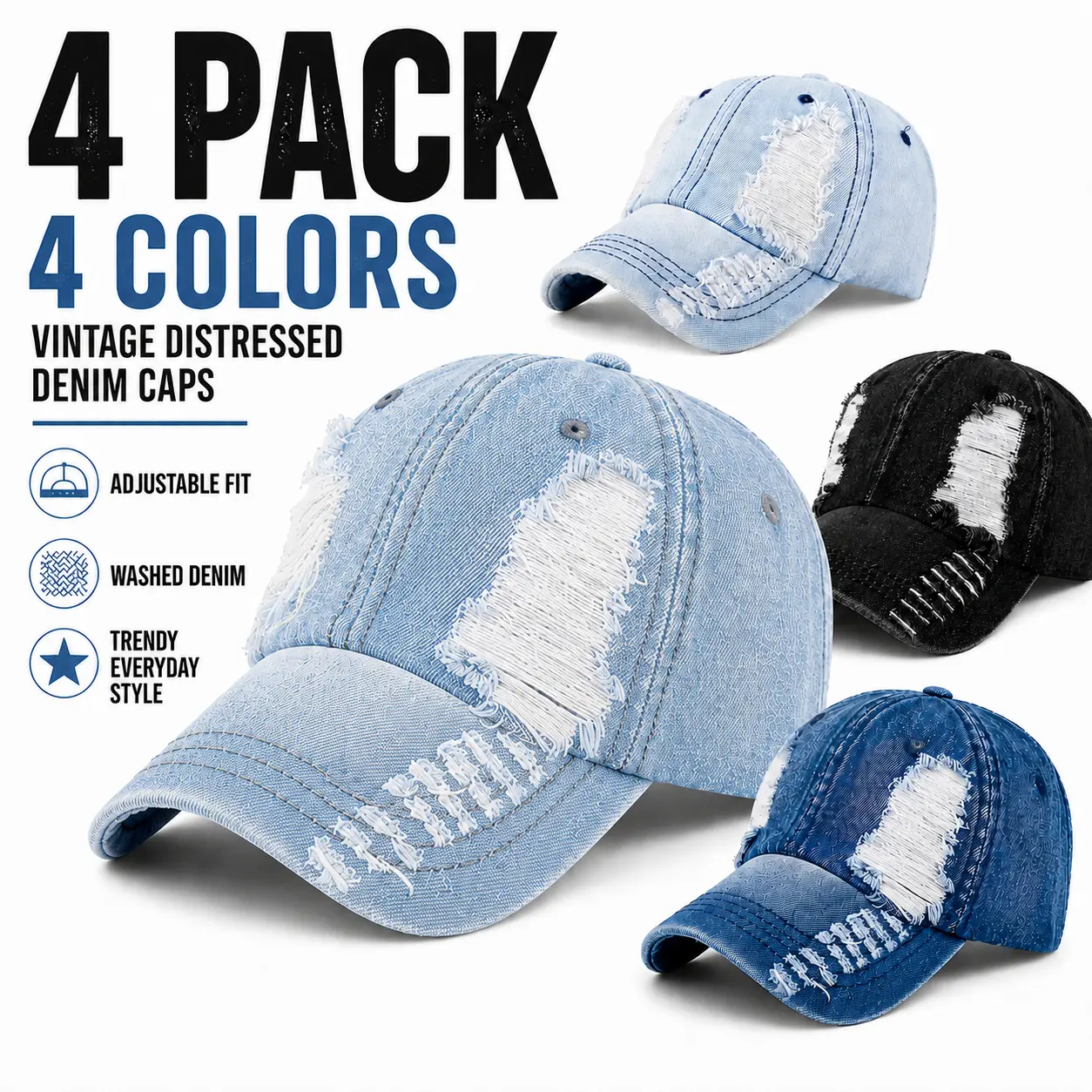 4pcs Distressed Denim Baseball Cap Vintage Washed Jean Dad Hat Adjustable Streetwear Fashion Cap for Women Men cap