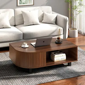 Mid-Century Modern 39.4" Coffee Table - Leaf-Shaped Wood Center Table with Storage, Retro Fluted Central Table with Sliding Door & Large Hidden Compartment, for Living Room, Office