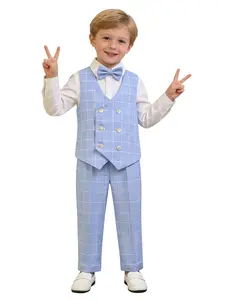 Boys, Clothes kids Fresh Plaid 4-Piece Set (Vest + Pants + Bow Tie + Suspenders) | 5 Colors: Blue, Pink, Orange, Gray | Perfect for Weddings, Birthdays, School Performances, Graduations, Photoshoots, Daily & Formal Wear (Shirt Not Included) – XT82130