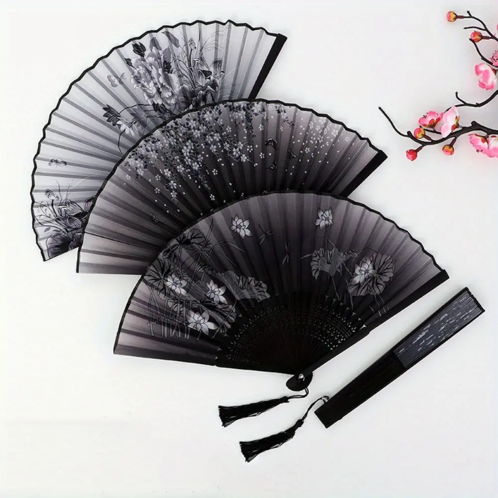 Vintage Floral Artwork Handheld Fans, 3-Piece Silk Set with Tassel Accent, Lightweight and Compact Folding Accessory for Gifting, Traditional, Decoration, Flower Design, Bamboo, Portable, Home Goods, Plastic, Decor, Hand Fans, Purse Stuffers, Wedding