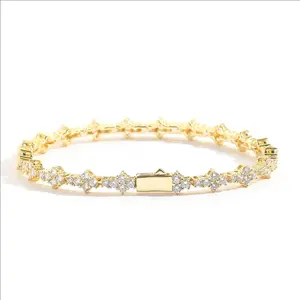 Plum Blossom Tennis Chain Bracelet for Women — Genuine Gold Plated, Hip-Hop/Rock Street Style Jewelry, Full Moissanite-Set Bracelet