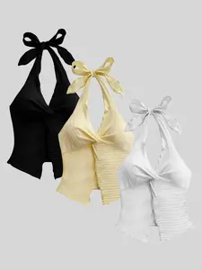 Women's Bow Tie Backless Short Top Set, Three-Piece Elegant Chic Design, Perfect for Casual & Formal Wear, Stylish Women's Clothing