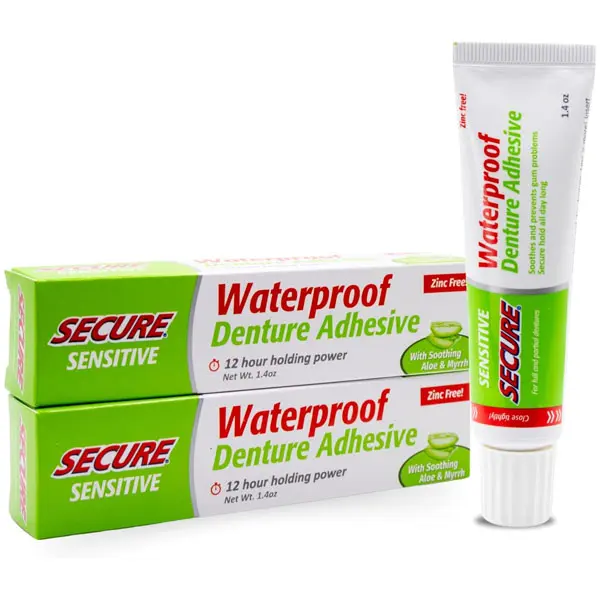 Secure Sensitive Denture Adhesive with Aloe Vera & Myrrh to Nourish Your Gums – Uppers, Lowers & Partials - Waterproof & Zinc Free - Food Grade Ingredients - Less Adhesive, More Hold - 1.4 oz (2 Pack)