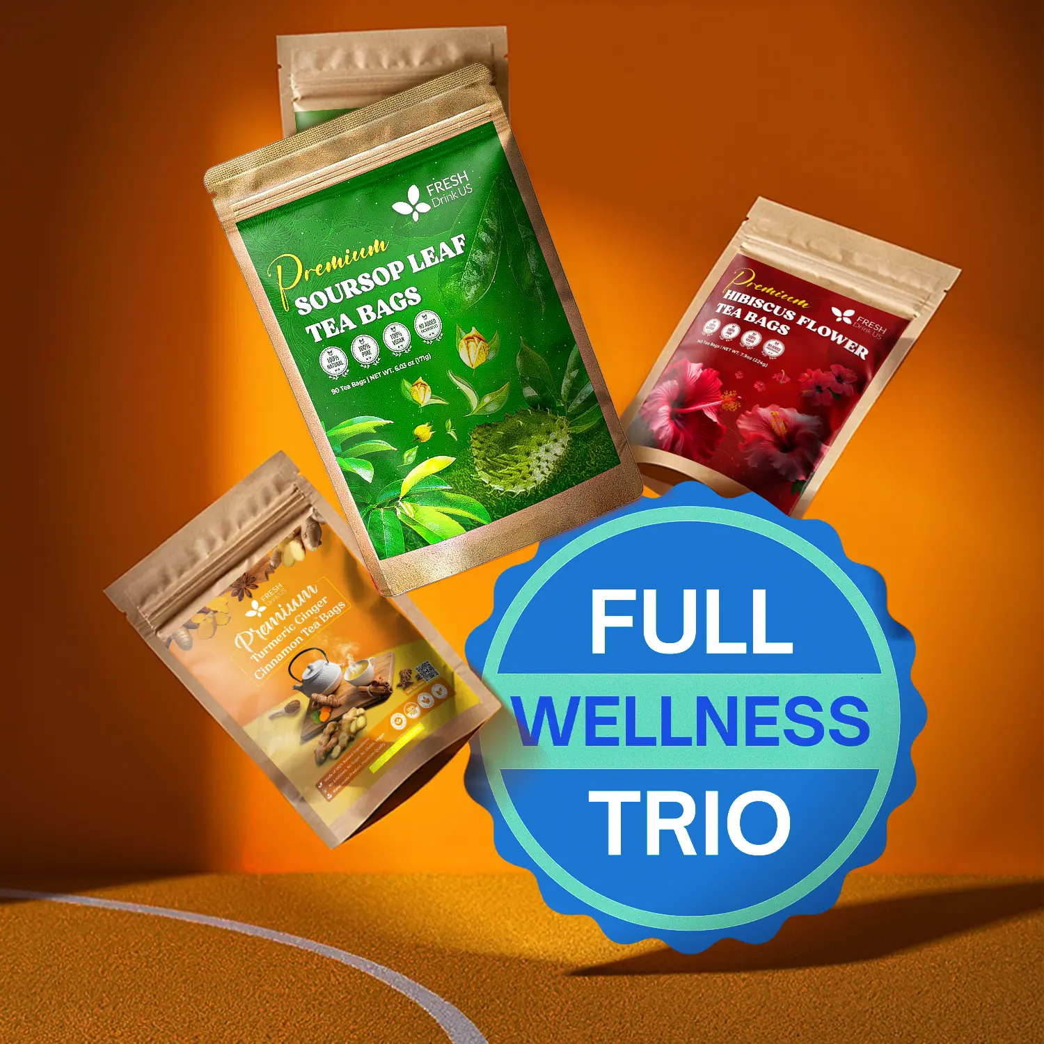 FreshDrinkUS Full Wellness Trio, Turmeric Ginger Cinnamon Tea, Soursop Graviola Leaf Tea, Hibiscus Flower Tea, 100% Natural and Pure, Antioxidant and Anti-Inflammatory Herbal Tea Set, Caffeine-Free, No Sugar, No Gluten, Vegan