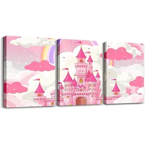 Feelyou Princess Castle Canvas Wall Art, 12"x16" 3-Piece Pink Fairy Tale Picture, Home Decor for Bedroom Gift