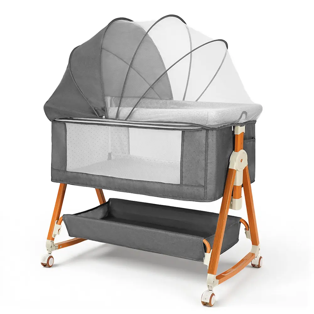 Baby Bassinet Sleeper, 6 Height Adjustable Cribs, Easy to Fold Portable Crib Side Bassinet, Swing Cradle Bed Side Sleeper with Ventilated Net&Wheels, backtoschool, glowup